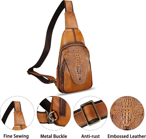 Vista 2 de Bolso de cuero genuino para hombres y mujeres en relieve de piel de cocodrilo honda mochila bandolera de pecho