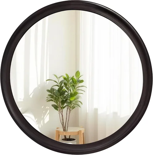 Vista 17 de Espejos redondos de 24 pulgadas, espejo rústico de pared de tocador de madera con marco de madera, espejo circular de madera para baño, dormitorio