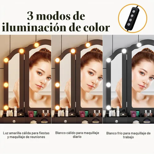 Vista 5 de Escritorio de tocador con espejo y luces de maquillaje con luces mesa con luz tocador de maquillaje con cajones negro juego de tocador para niñas