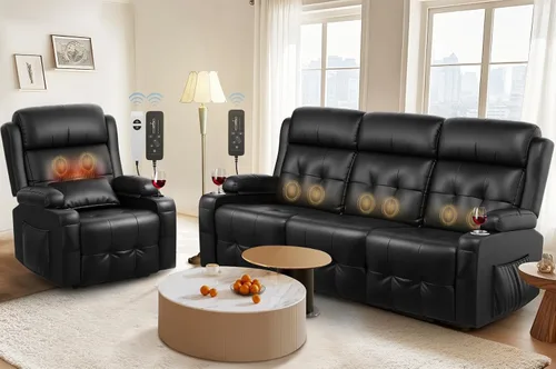 Vista 26 de Sofá reclinable manual de dos plazas, sofá reclinable de pared con masaje, puertos USB y tipo C, almacenamiento, portavasos, sofá RV para sala