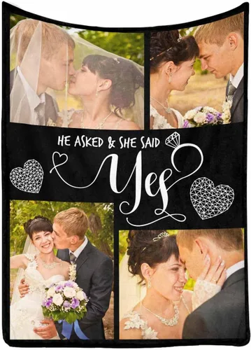 Vista 2 de Manta de fotos personalizada, manta de pareja de boda, con texto en inglés «He Asked And She Said Yes», 4 fotos, manta de boda, regalo romántico