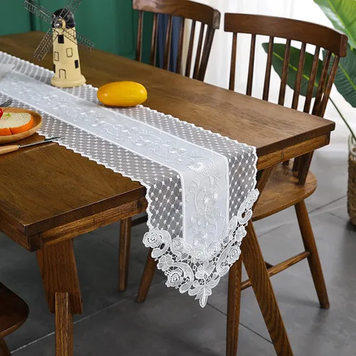 Vista 7 de Hsvanyr Camino de mesa de encaje blanco bordado, bufanda clásica rectangular de macramé, decoración de comedor, tocador, 12 x 27 pulgadas