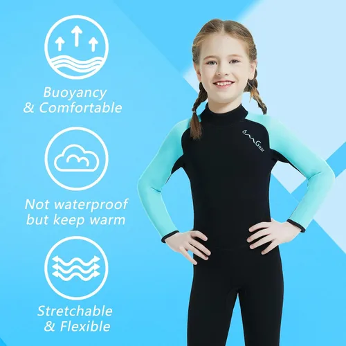 Vista 4 de OMGear Traje de neopreno corto de neopreno de una pieza para niños, de 0.18 pulgadas, 0.118 pulgadas, manga corta, con cremallera trasera, traje