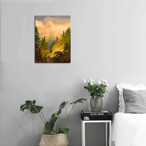 Vista 4 de arteWOODS Lienzo decorativo para pared, diseño de oso grizzly para dormitorio, sala de estar, bosque, montaña rocosa, moderno, lienzo, impresiones