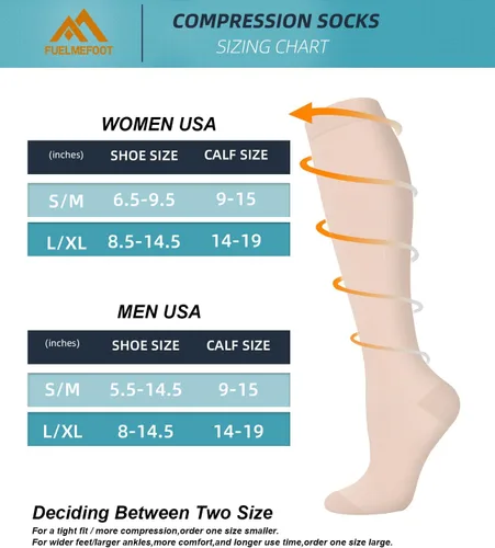 Vista 7 de FuelMeFoot Calcetines de compresión para mujeres y hombres, para circulación, con soporte graduado, hasta la rodilla, para enfermeras, viajes