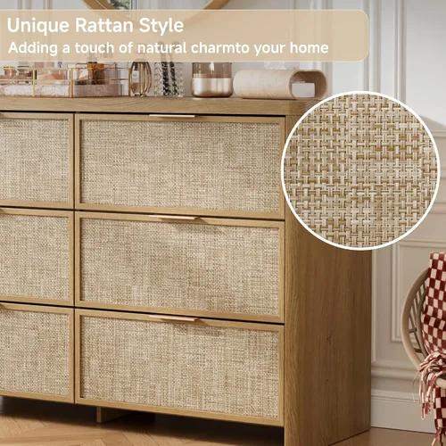 Vista 4 de Cómoda de ratán con 6 cajones para dormitorio, cómoda de 47.2 Roble natural
