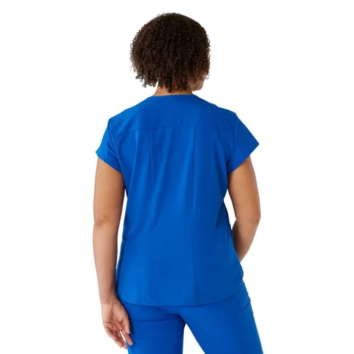 Vista 4 de ave. Camiseta médica Monroe con cuello en V y dos bolsillos para mujer, color azul real, talla S