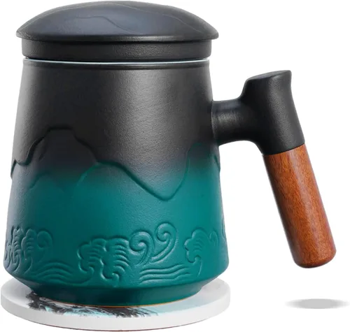 Vista 12 de ZENS Taza de té con infusor y tapa para colador de té de hojas sueltas, taza de té de cerámica de 15.2 oz con coladores de té finos y posavasos