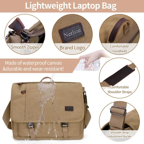 Vista 5 de NerIion Bolsa de Mensajero para Hombres de 17-17.3 Pulgadas, Bolsa de Laptop de Lona Resistente al Agua, Bolsa de Hombro, Maletín de Trabajo, Marrón