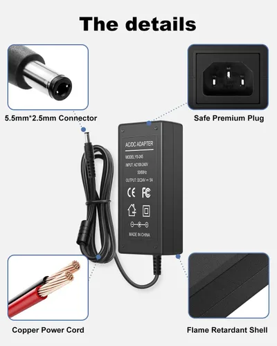 Vista 7 de Fuente de alimentación regulada DC 24V 5A, adaptador de CA 100-240V 50-60Hz a CC 24 voltios 5 amperios, cable adaptador de corriente con conector