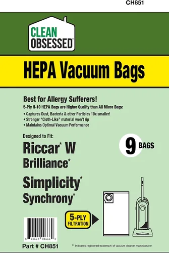 Vista 3 de Clean Obsessed Bolsas HEPA H-10 para modelos Riccar Brilliance Type W y Simplicity Synchrony (paquete de 9 bolsas)