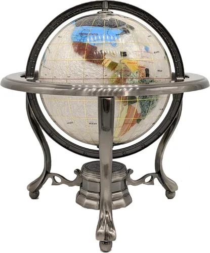 Vista 2 de Unique Art - Globo de mundo con forma de remolino de perlas puras de 10 x 6 pulgadas con trípode plateado