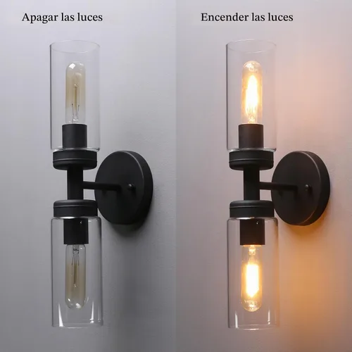 Vista 8 de Phansthy Lámpara de pared industrial rústica con pantalla tubular de vidrio transparente (aplique de 2 luces)