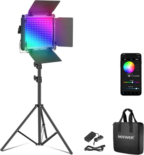 Vista 14 de NEEWER Paquete de 2 luces LED de video RGB1200 con control de aplicación/2.4G, kit de iluminación clave con soportes de trípode y bolsa