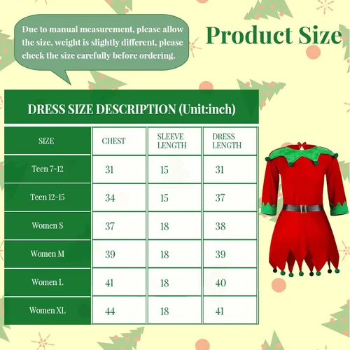 Vista 2 de Girls Women Christmas Elf Costume Set Santa's Helper Costume Xmas Festive Outfit with Elf Hat Shoes Belt Striped Stockings