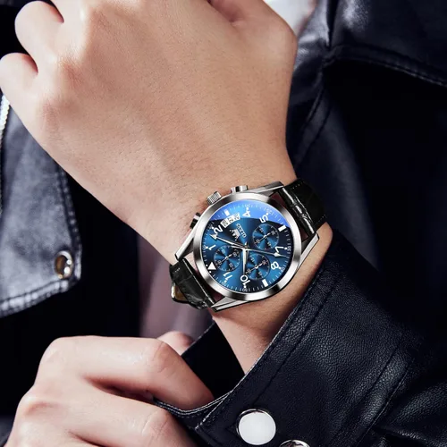Vista 2 de OLEVS Reloj cronógrafo de cuarzo para hombre, correa de cuero dorada con fecha de día, reloj de pulsera de acero inoxidable impermeable, relojes