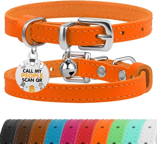 Vista 18 de BRONZEDOG Collar de cuero para gato con campanas extraíbles sin liberación rápida, etiqueta QR para gatito para niña y niño