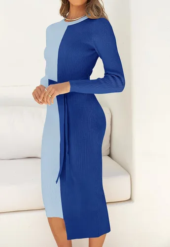 Vista 3 de ZESICA Vestido de punto acanalado para mujer, elegante vestido de manga larga con cuello redondo y lazo en la cintura, ajustado, vestido midi
