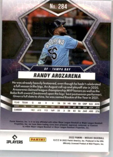 Vista 2 de 2022 Panini Mosaic #284 Randy Arozarena Tampa Bay Rays Baseball Trading Card
