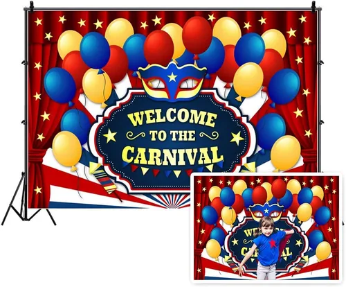 Vista 2 de Yeele Fondo de fondo de fiesta de carnaval de 5 x 3 pies para fotografía con globos azules y amarillos, telón de fondo rojo, pancarta de fiesta