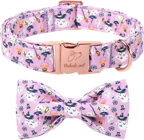 Vista 18 de Collar de Navidad para Perro con Pajarita - Lindo Collar de Cachorro Azul con Patrón Navideño de Cereza y Caramelo, Hebilla de Metal Ajustable