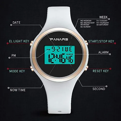 Vista 4 de Reloj de mujer impermeable con alarma, cronógrafo y fecha de día, reloj deportivo de moda blanco con correa de silicona, Blanco, Moderno