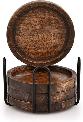 Vista 2 de SAMHITA Juego de 5 posavasos de madera de mango para bebidas con soporte de hierro, para vasos de bebida, protección de mesa para cualquier