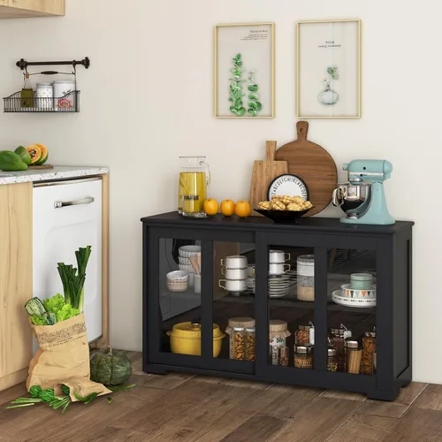 Vista 2 de COSTWAY Aparador de buffet con almacenamiento, armario de piso de 2 puertas con gabinete deslizante de vidrio templado y estante ajustable, armario