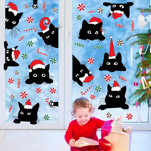 Vista 7 de Adhesivos de ventana de Navidad para ventana de Navidad, gato negro y menta, calcomanías de pared para decoración de ventanas de tienda de vidrio