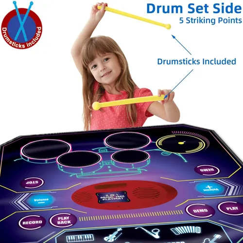 Vista 4 de Juguetes de aprendizaje musical 2 en 1 para niños y niñas, juego de batería + alfombrilla de piano Grabación y reproducción, canciones
