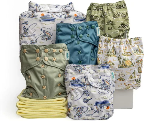 Vista 27 de Big Adventure Kinder - Juego de 5 pañales de tela reutilizables para bebé, estilo de bolsillo, jersey atlético que absorbe la humedad, insertos