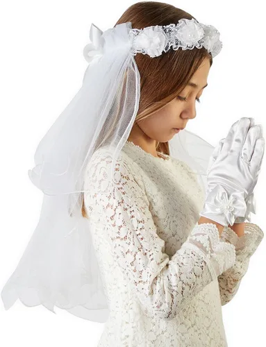 Vista 2 de Velo floral y guantes para la primera comunión para niña (blanco, 2 piezas), Blanco