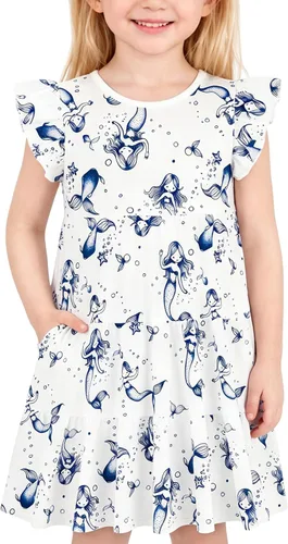 Vista 30 de Vestido casual para niñas, de algodón suave, manga corta, transpirable, acampanado, para adolescentes, talla 2T, 3T, 4T, 5, 6, 7, 8, 9, 10, 12, 13