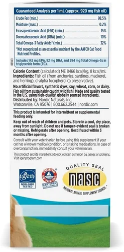Vista 2 de Nordic Naturals Omega-3 para Gatos, Sin Sabor - 2 oz - 304 mg Omega-3 por un mL - Aceite de Pescado para Gatos con EPA y DHA - Promueve la Salud