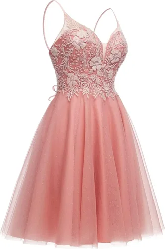 Vista 5 de Vestidos de tul para fiesta de exalumnos para adolescentes, tirantes delgados, vestidos cortos de encaje para graduación, vestido de cóctel