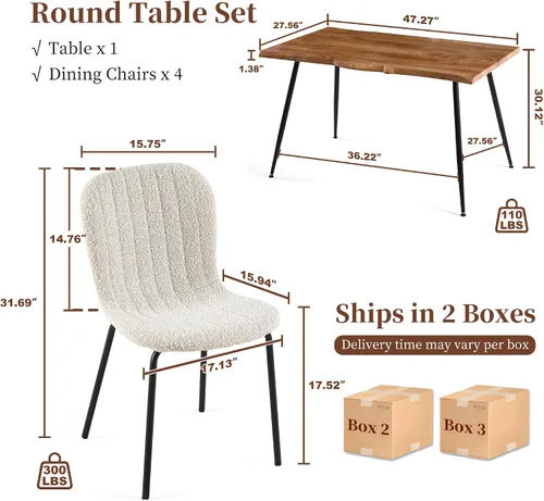 Vista 2 de Juego de 4 mesas de comedor para 4 personas con sillas blancas Boucle, mesa de centro rectangular moderna de mediados de siglo, mesa de cocina