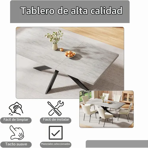 Vista 3 de ZckyCine Juego de mesa de comedor extensible de 6 piezas, moderna mesa de madera gris de 63 a 79 pulgadas con 6 sillas de tela gris, mesa de comedor