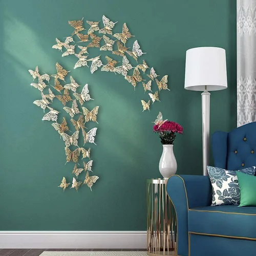 Vista 6 de Cheerland Calcomanías 3D de pared de mariposa dorada champán de papel de mariposas, calcomanías de mural extraíbles para sala de estar, dormitorio