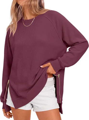 Vista 9 de ANRABESS - Sudadera de gran tamaño para mujer, cuello redondo, manga larga, tipo túnica, con cremallera lateral, sudadera con capucha, suéter