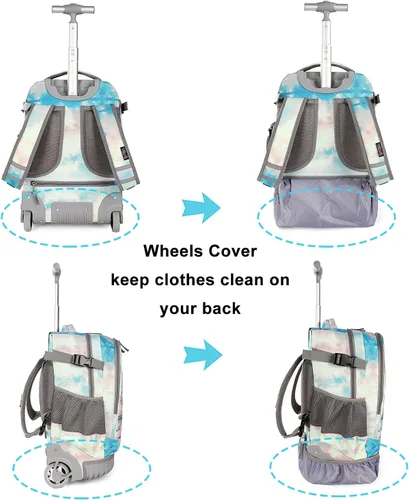 Vista 4 de Tilami Mochila rodante con diseño de ruedas de carretilla, lindo estampado de dibujos animados para niños y niñas, viajes, escuela, viaje