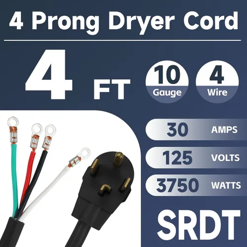 Vista 2 de EP Cable de secado de 4 puntas, 4 pies SRDT 10/4, cable de alimentación de extensión de electrodomésticos de 30 amperios, NEMA 14-30, negro