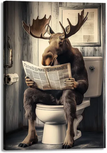 Vista 7 de GLOKAKA Lienzo decorativo para baño, diseño divertido de alpaca sentado en el inodoro, leyendo periódico, arte de pared, humor, granja, animal, arte