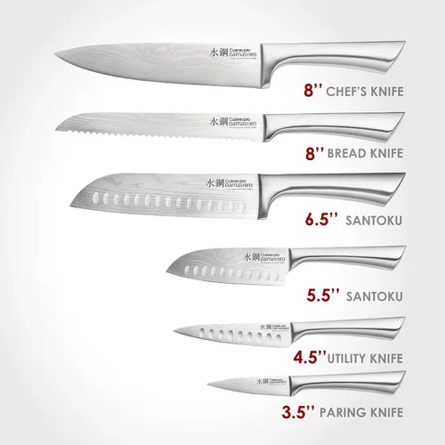 Vista 2 de Cuisine: pro Damashiro - Bloque de cuchillos (Kumi, juego de 7 cuchillos de chef) – Cuchillo de acero japonés – Bloque magnético para cuchillos