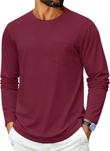 Vista 17 de Cotrasen Camisetas de manga larga para hombre de algodón con cuello redondo, camisetas T con bolsillo que absorben la humedad, suaves, cómodas