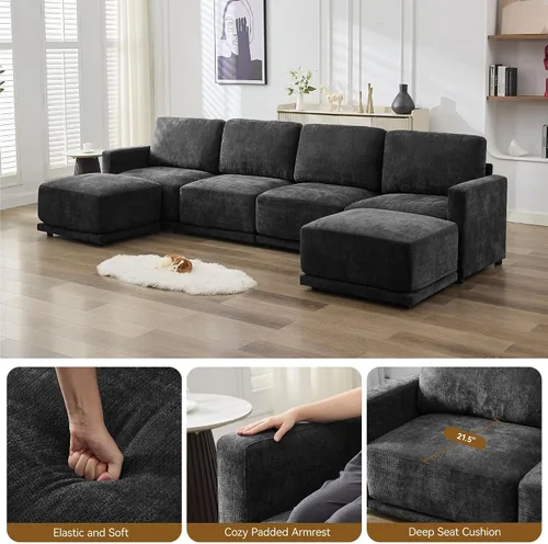 Vista 4 de Sofá modular en forma de U de 143.8 pulgadas, sofá de nube seccional de gran tamaño, sofás de asiento profundo de 6 plazas con 2 otomanas móviles