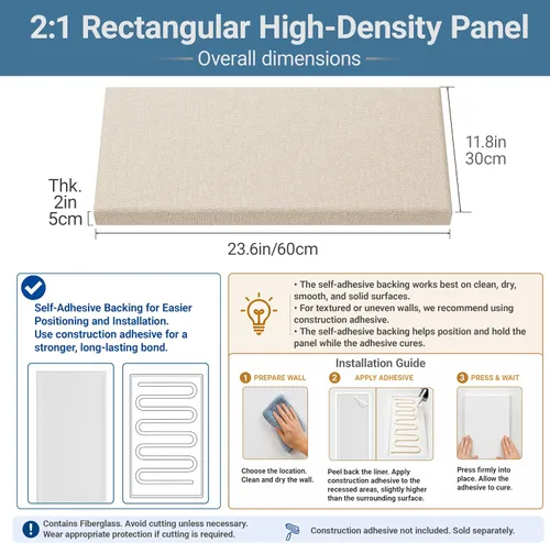 Vista 2 de Paquete de 4 paneles acústicos de núcleo de alta densidad con cubierta de tela, 24 x 12 x 2 pulgadas, paneles de pared autoadhesivos insonorizados