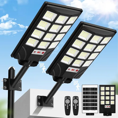 Vista 17 de Luces solares de calle para exteriores, luces impermeables con sensor de movimiento y control remoto, 20000 lm, 6500 K, del atardecer al amanecer