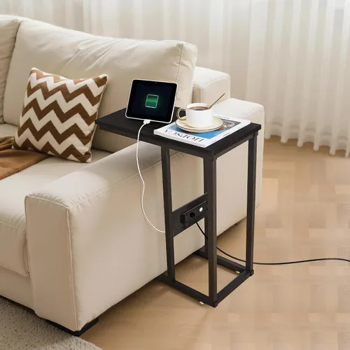 Vista 8 de VECELO Mesa auxiliar en forma de C con estación de carga y tomas de corriente para sofá, cama, bandeja de TV con marco de metal para sala de estar