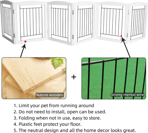 Vista 5 de ZJSF Puerta plegable independiente para perros, puerta de madera extra ancha blanca para cachorros, 6 paneles, puertas altas para mascotas