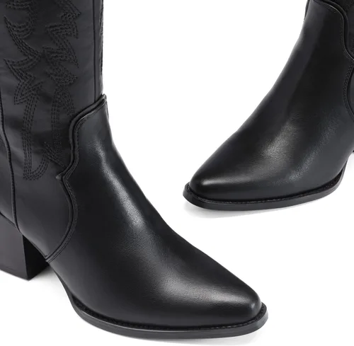 Vista 5 de Dream Pairs - Botas vaqueras para mujer, cómodas, con cremallera, tacón grueso, puntera puntiaguda, bordadas, botas altas hasta la rodilla